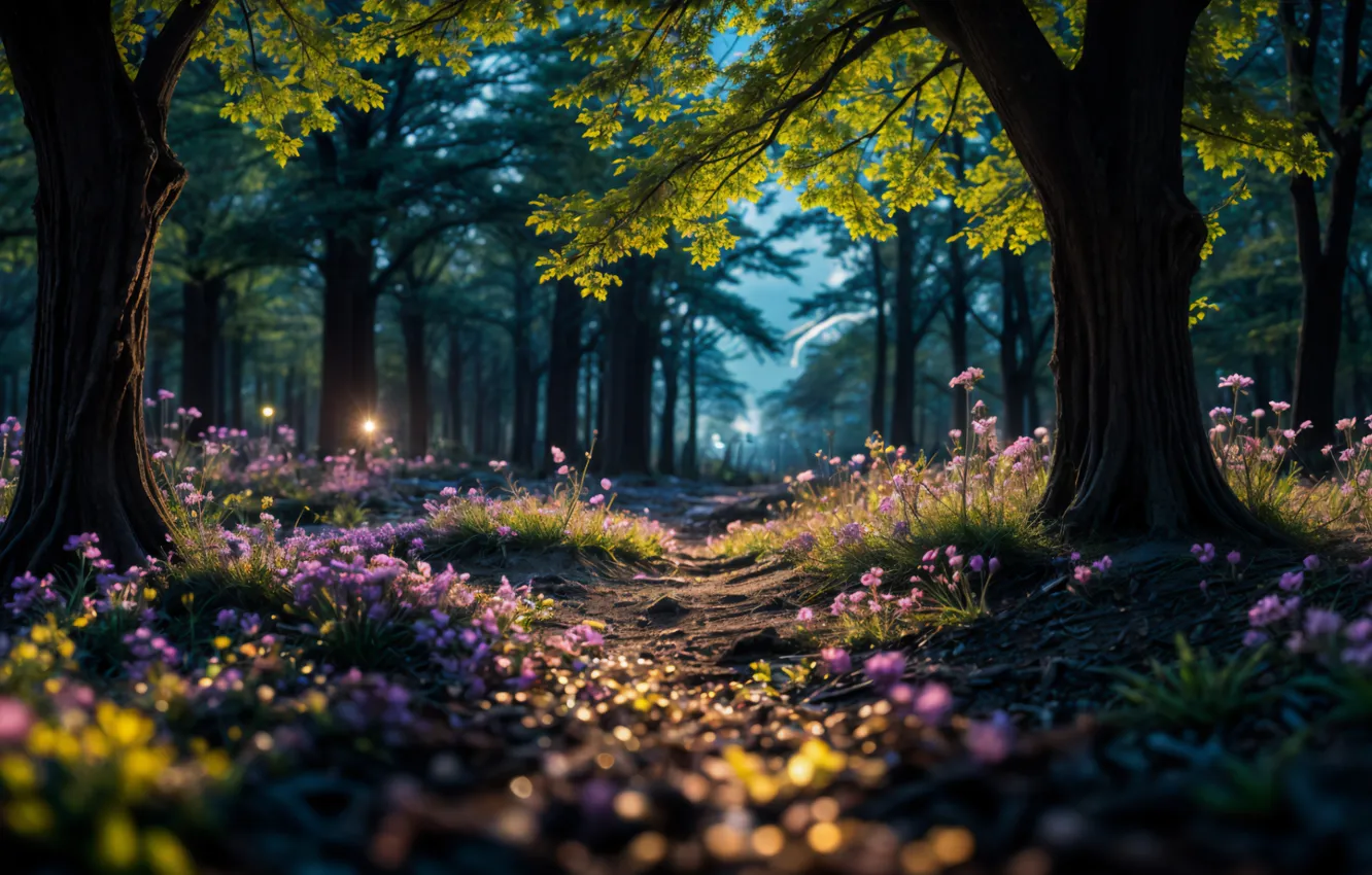 Photo wallpaper nature, spring, surreal, AI Art, Magical forest