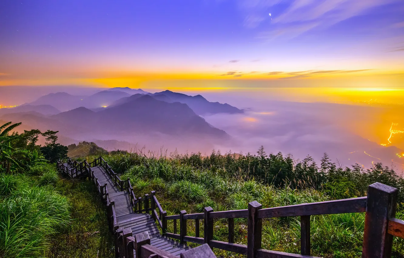 Wallpaper the sky, mountains, lights, fog, vegetation, the descent ...