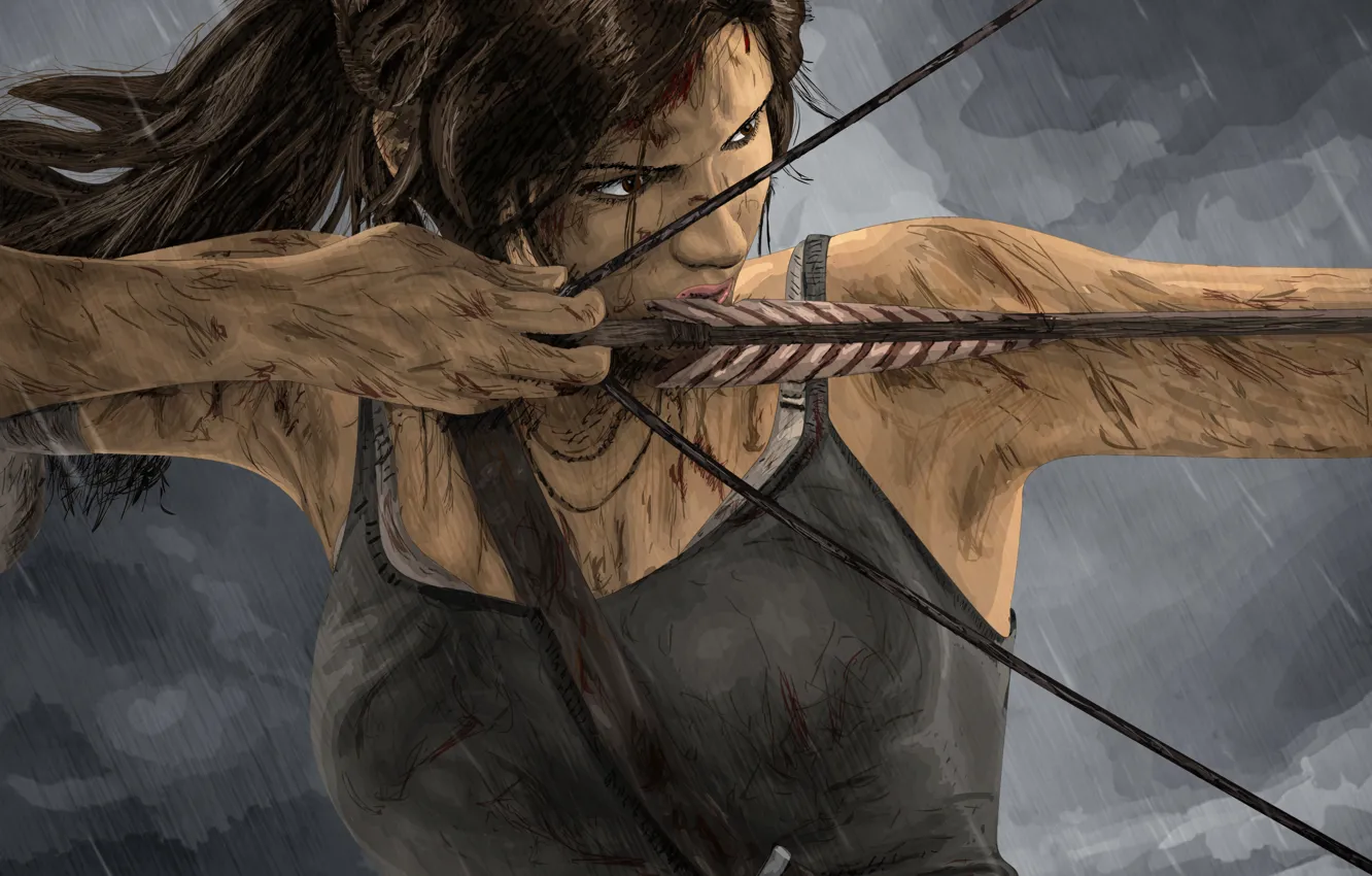 Photo wallpaper face, figure, Mike, bow, dirt, art, Tomb Raider, Lara Croft