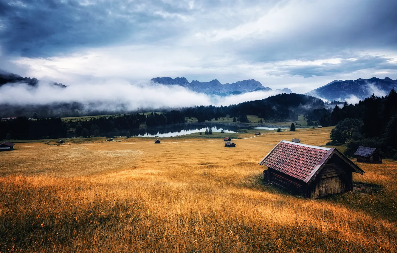 Photo wallpaper roof, field, autumn, forest, the sky, grass, clouds, landscape