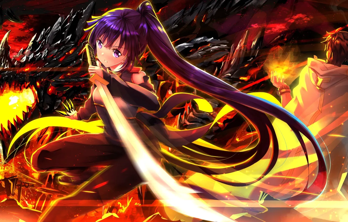 Photo wallpaper girl, weapons, fire, magic, dragon, katana, anime, art