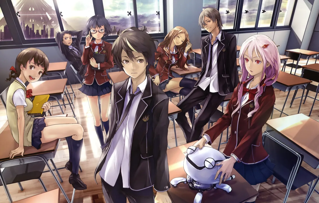 Photo wallpaper girl, toy, robot, class, guy, school, desks, guilty crown