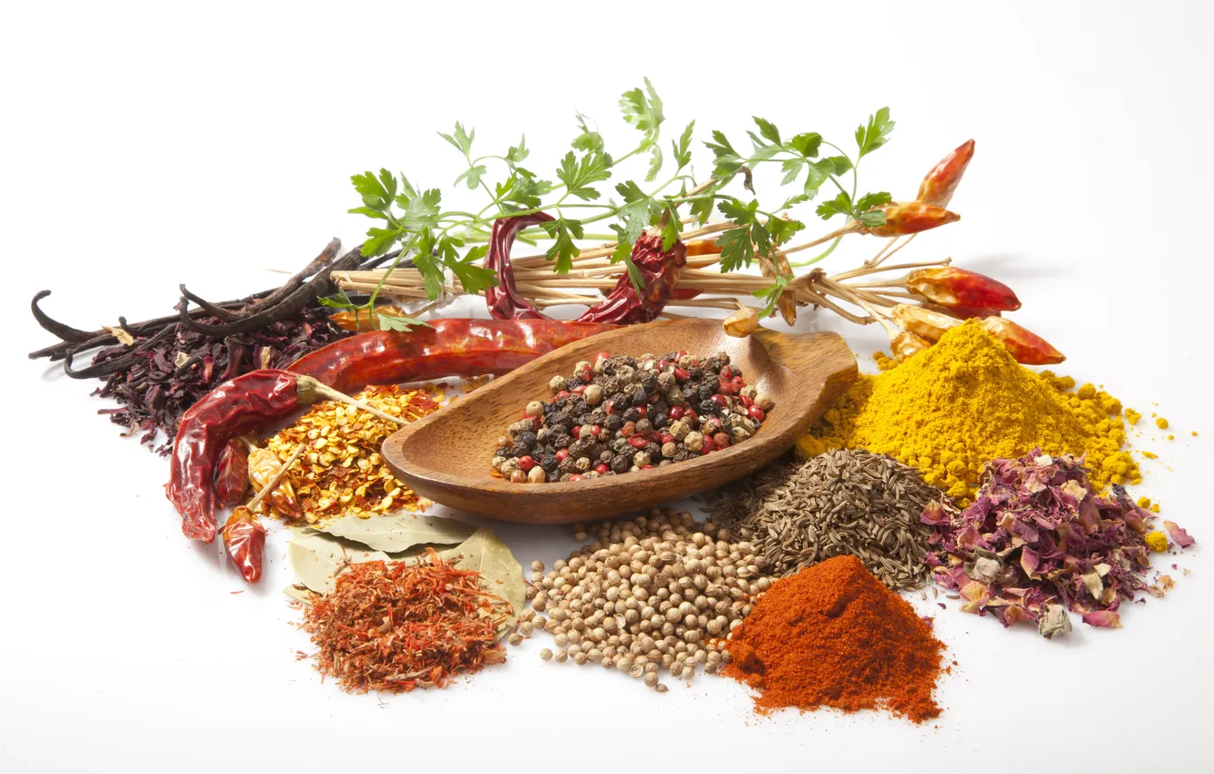 Photo wallpaper pepper, bowl, spices, red pepper, curry, cilantro