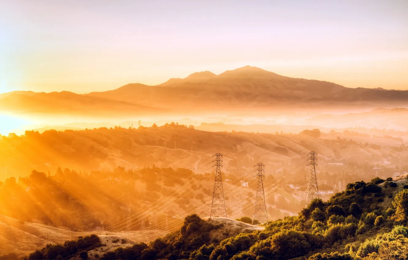 Photo wallpaper landscape, mountains, fog, morning