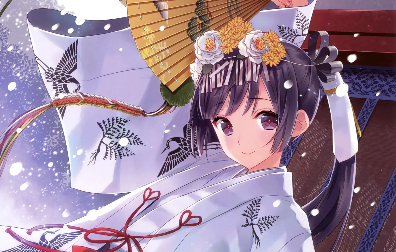 Photo wallpaper girl, anime, fan, art, yukata