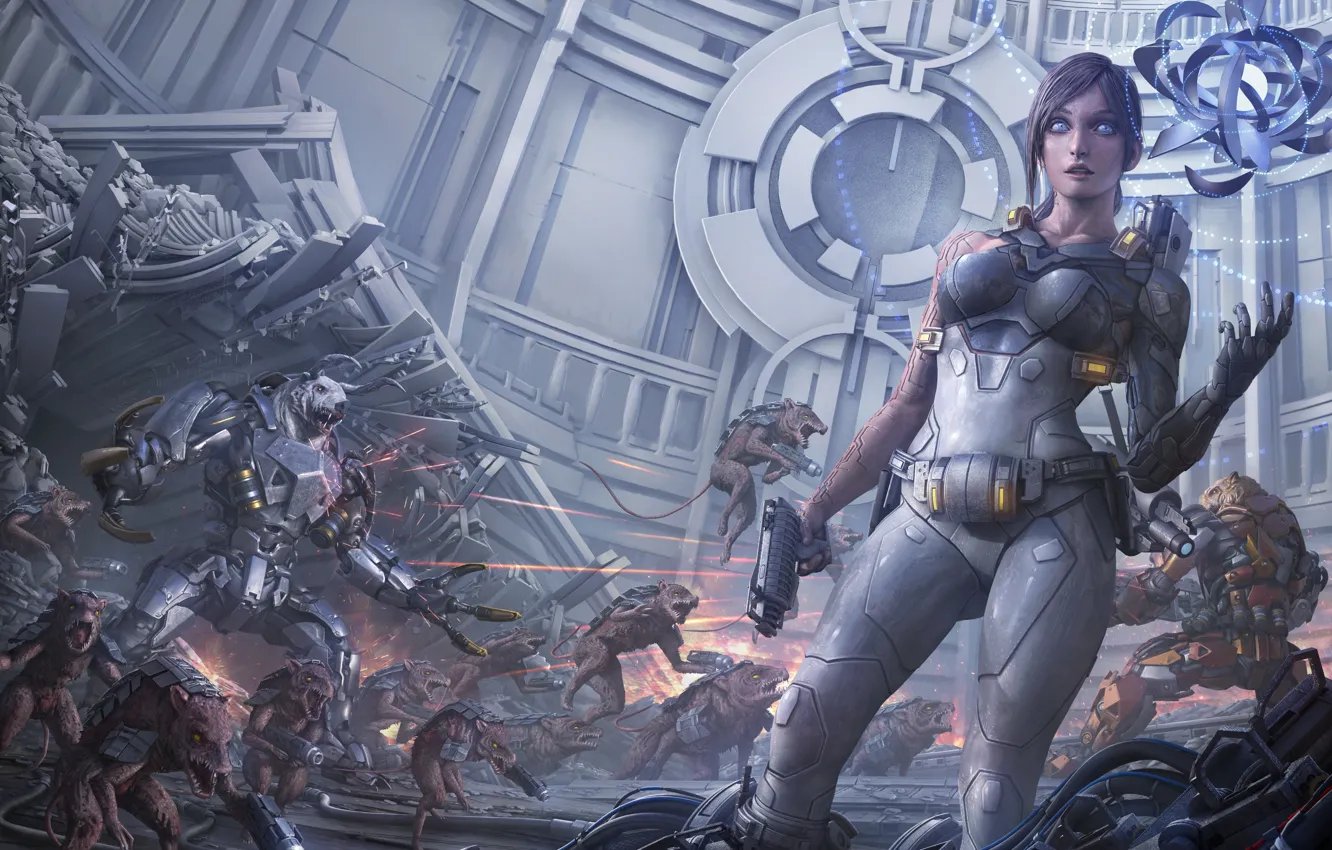 Photo wallpaper girl, weapons, fiction, art, cyborg, rat, mutant