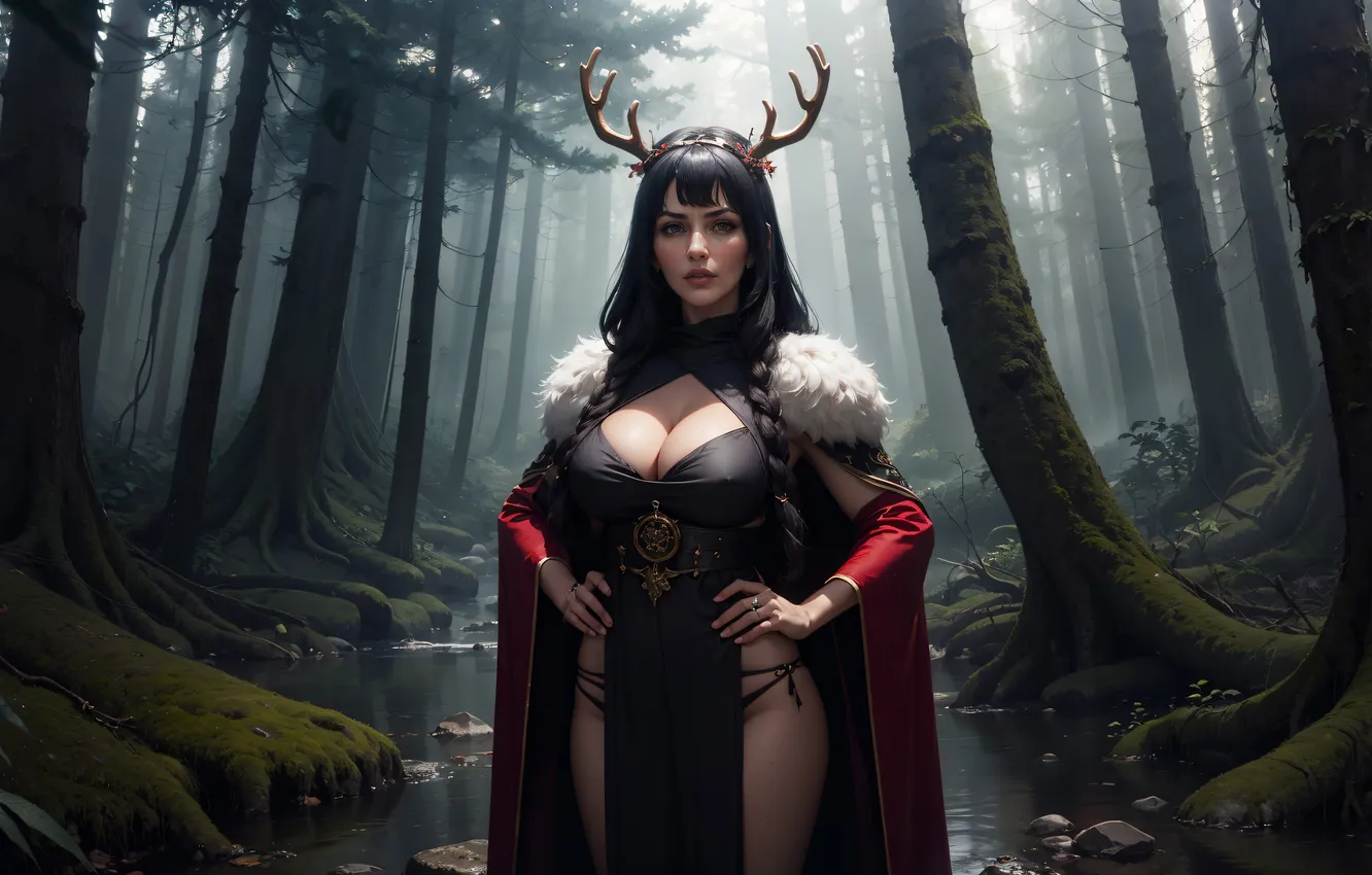 Photo wallpaper forest, girl, river, cloak, Antler