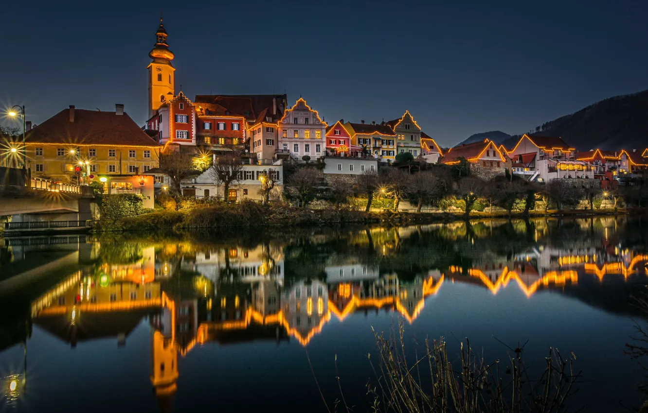 Photo wallpaper reflection, river, building, home, Austria, night city, illumination, Austria