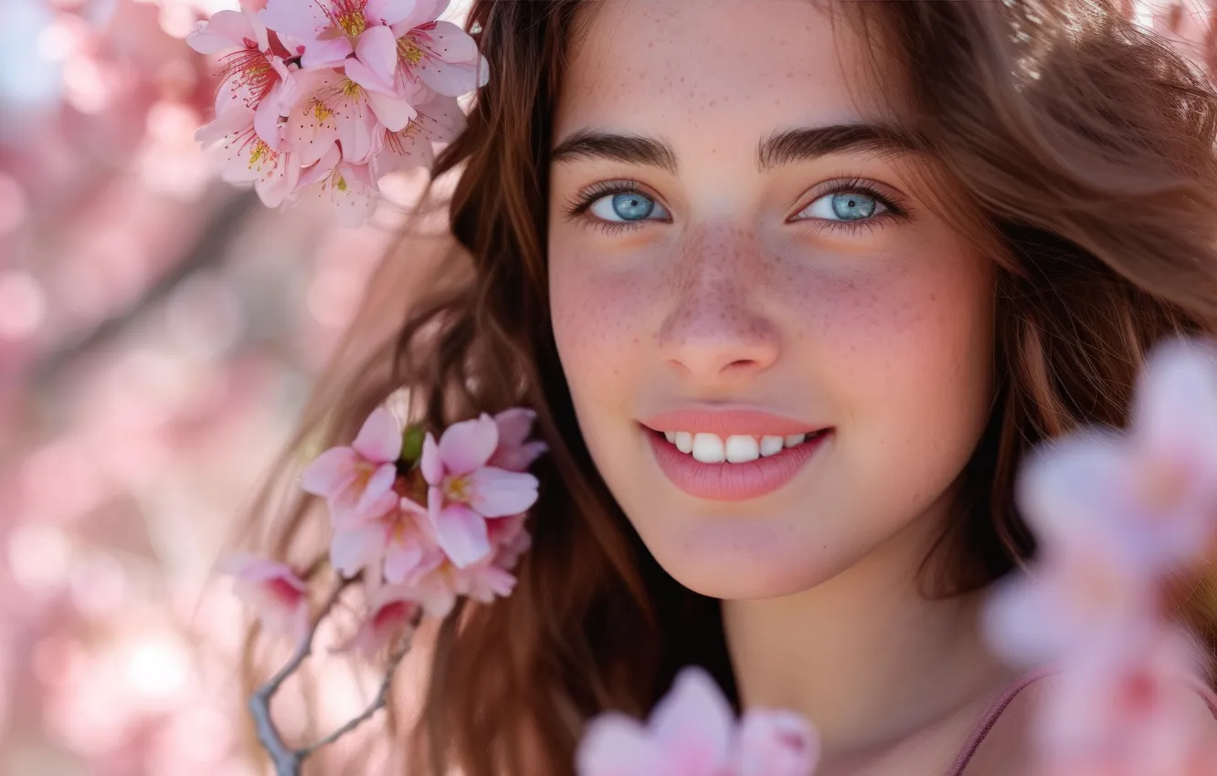 Photo wallpaper look, girl, flowers, face, cherry, smile, portrait, spring