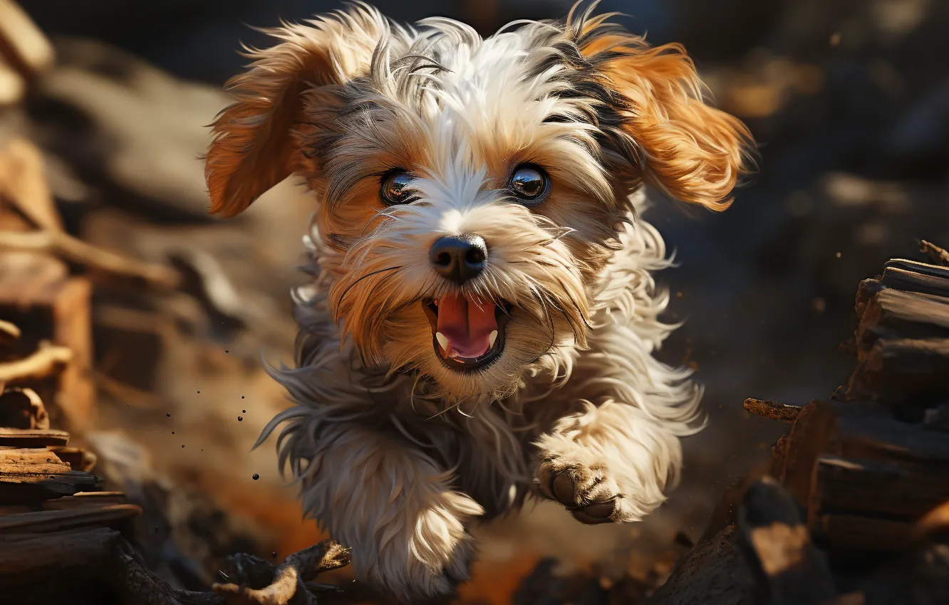 Photo wallpaper face, dog, running, front, Yorkshire Terrier, digital art, AI art, The Art of Artificial Intelligence