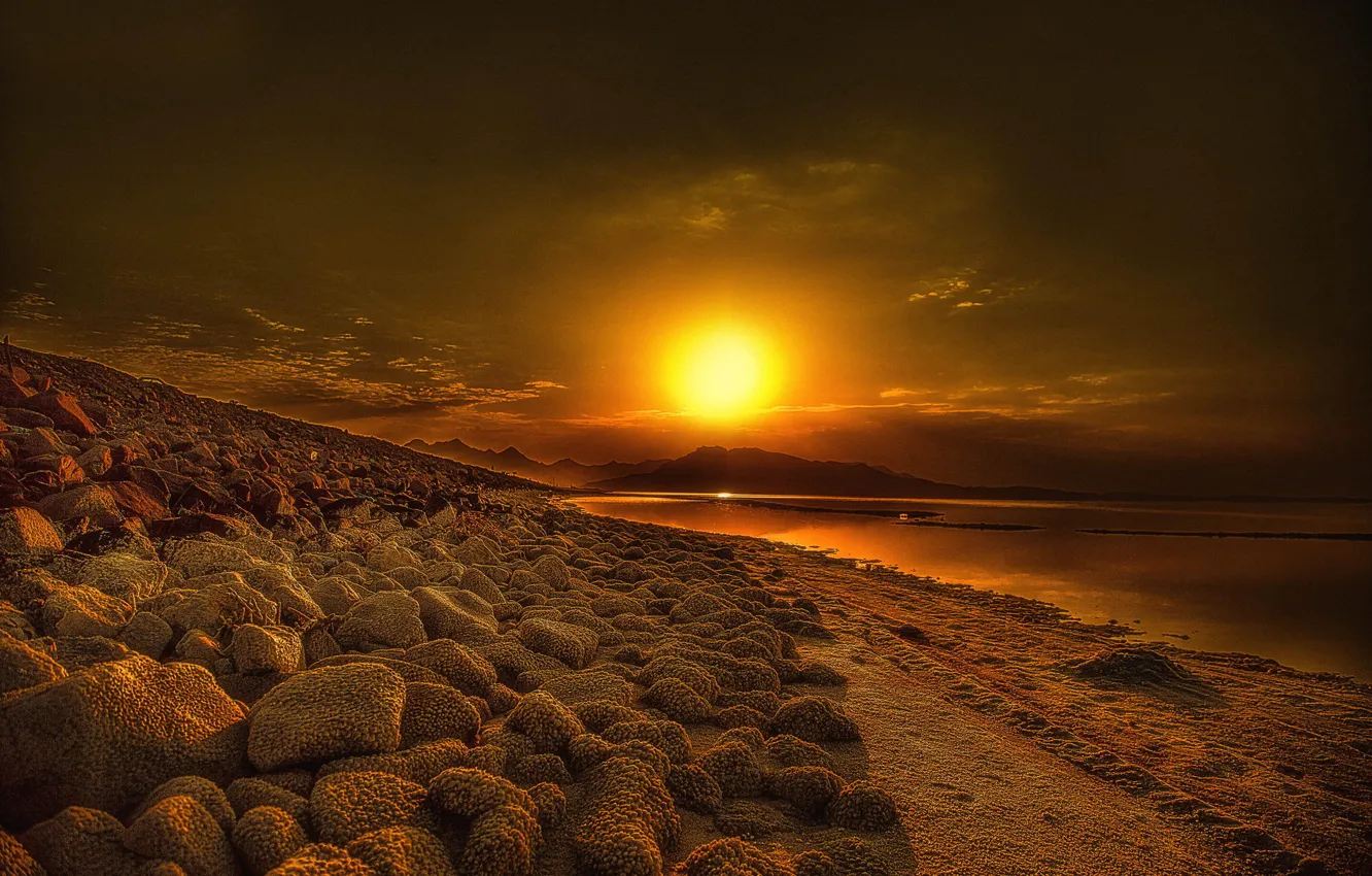 Photo wallpaper the sun, lake, sunrise, Iran