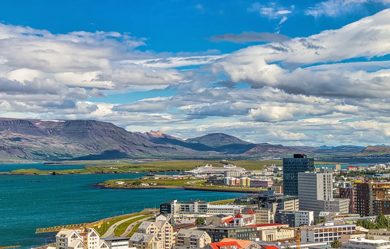 Photo wallpaper road, the sky, mountains, the city, home, Iceland, Reykjavik, neboskreby