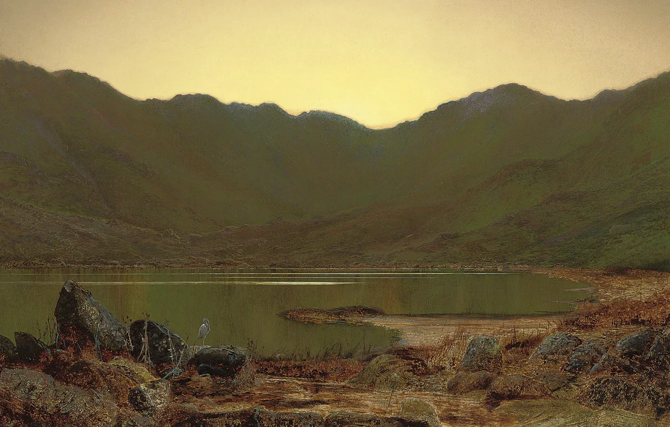 Photo wallpaper landscape, mountains, lake, bird, picture, John Atkinson Grimshaw, John Atkinson Grimshaw, Favorite Spot Herons