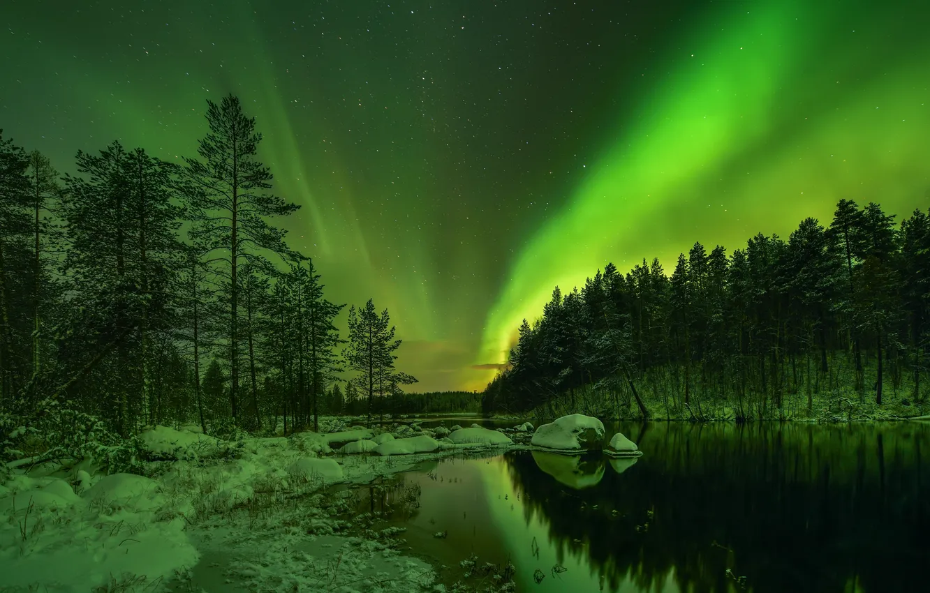Photo wallpaper landscape, polar lights, The Kola Peninsula, Maxim Evdokimov