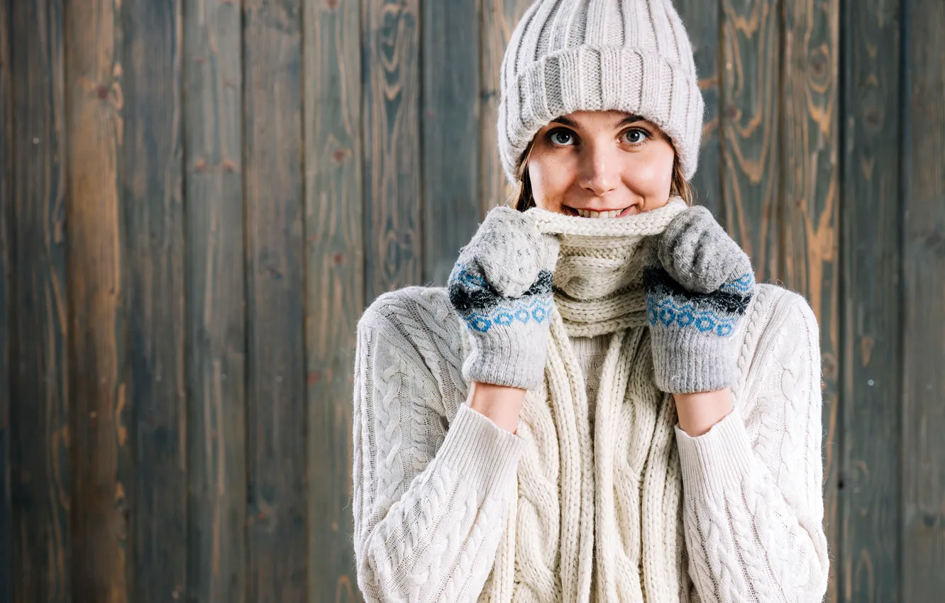 Photo wallpaper winter, look, face, pose, smile, background, model, hat