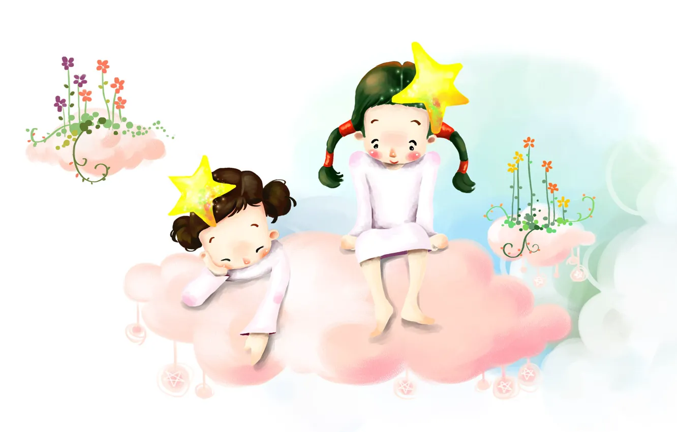 Photo wallpaper stars, clouds, flowers, children, figure, barefoot, braids
