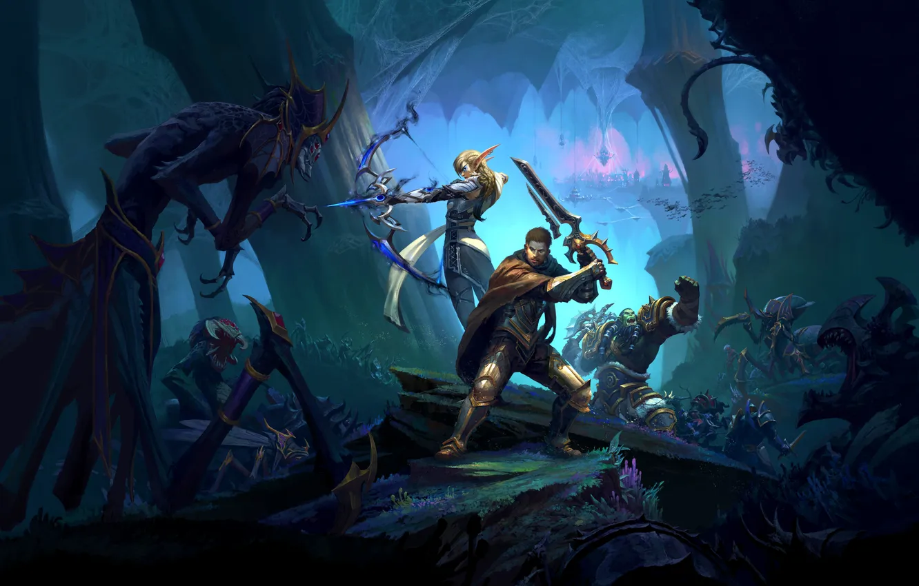 Photo wallpaper dark, sword, fantasy, monster, trees, Warrior, battle, elf