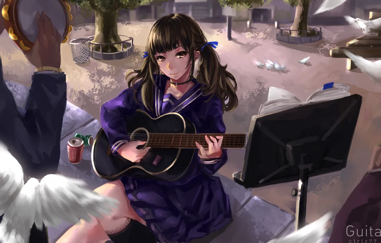 Photo wallpaper girl, birds, smile, guitar, anime, art, form, guy