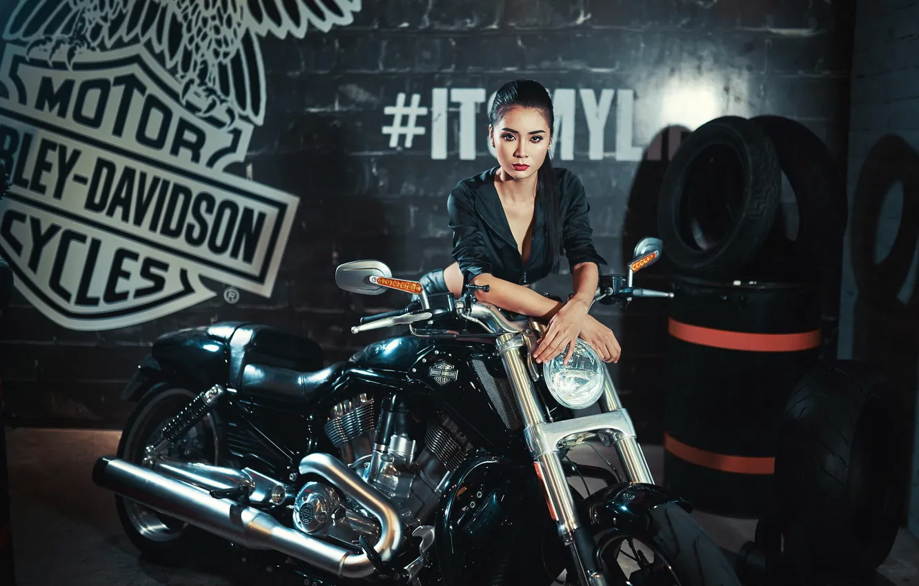 Photo wallpaper girl, motorcycle, Asian