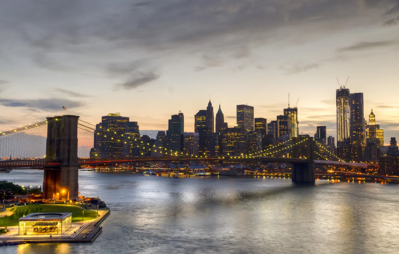 Photo wallpaper bridge, the city, river, New York, skyscrapers, Brooklyn