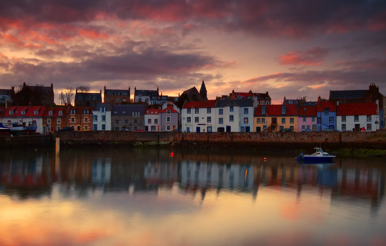Photo wallpaper water, clouds, the city, boat, home, the evening