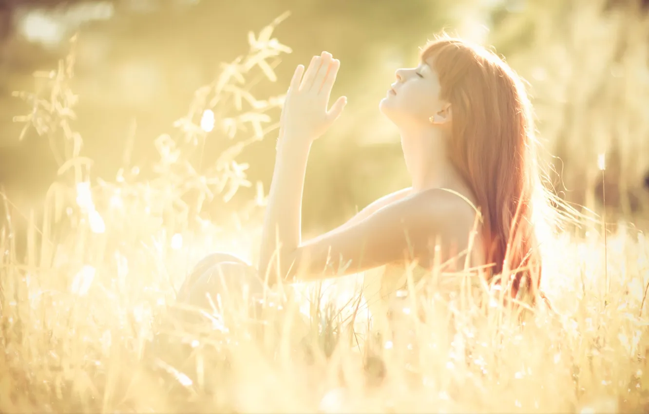 Photo wallpaper summer, grass, girl, glow, profile, redhead