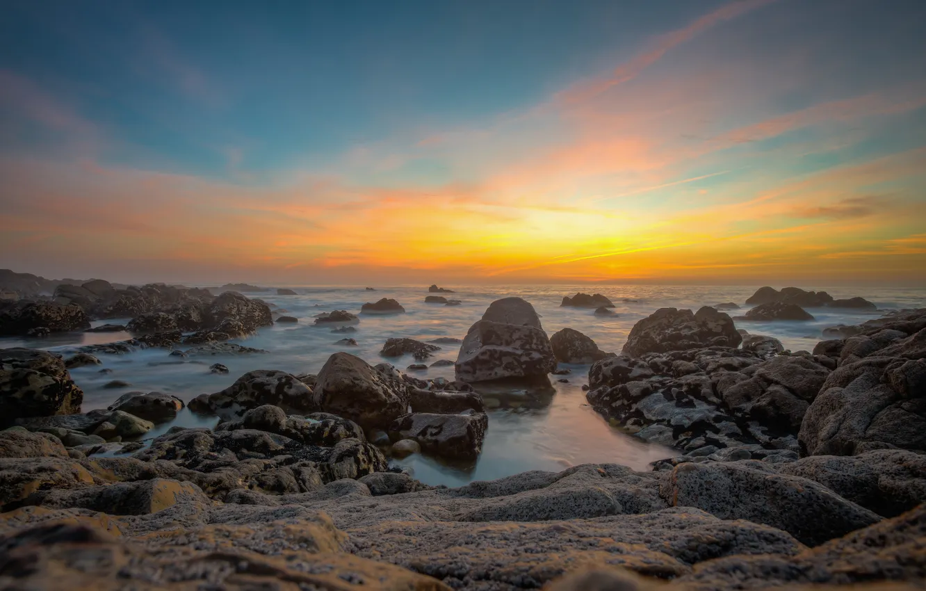Photo wallpaper beach, stones, the ocean, dawn, Portugal, Porto