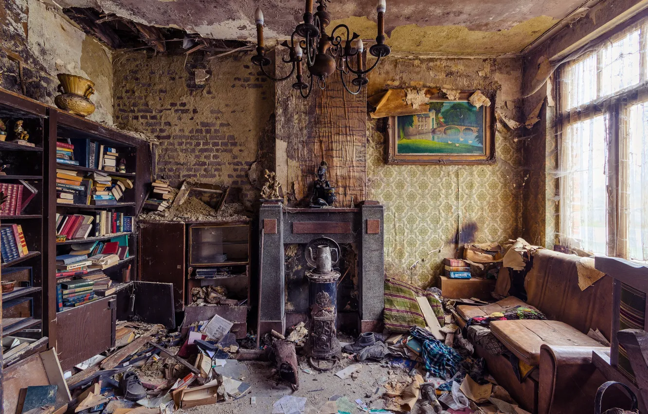 Photo wallpaper window, living room, sofa, sunlight, fireplace, books, abandoned, chandelier