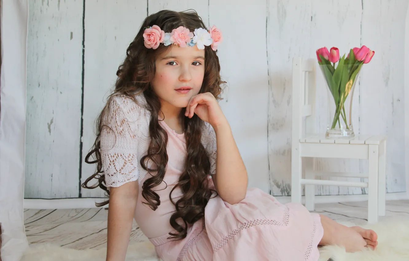 Photo wallpaper smile, bouquet, hands, girl, tulips, sitting, wreath