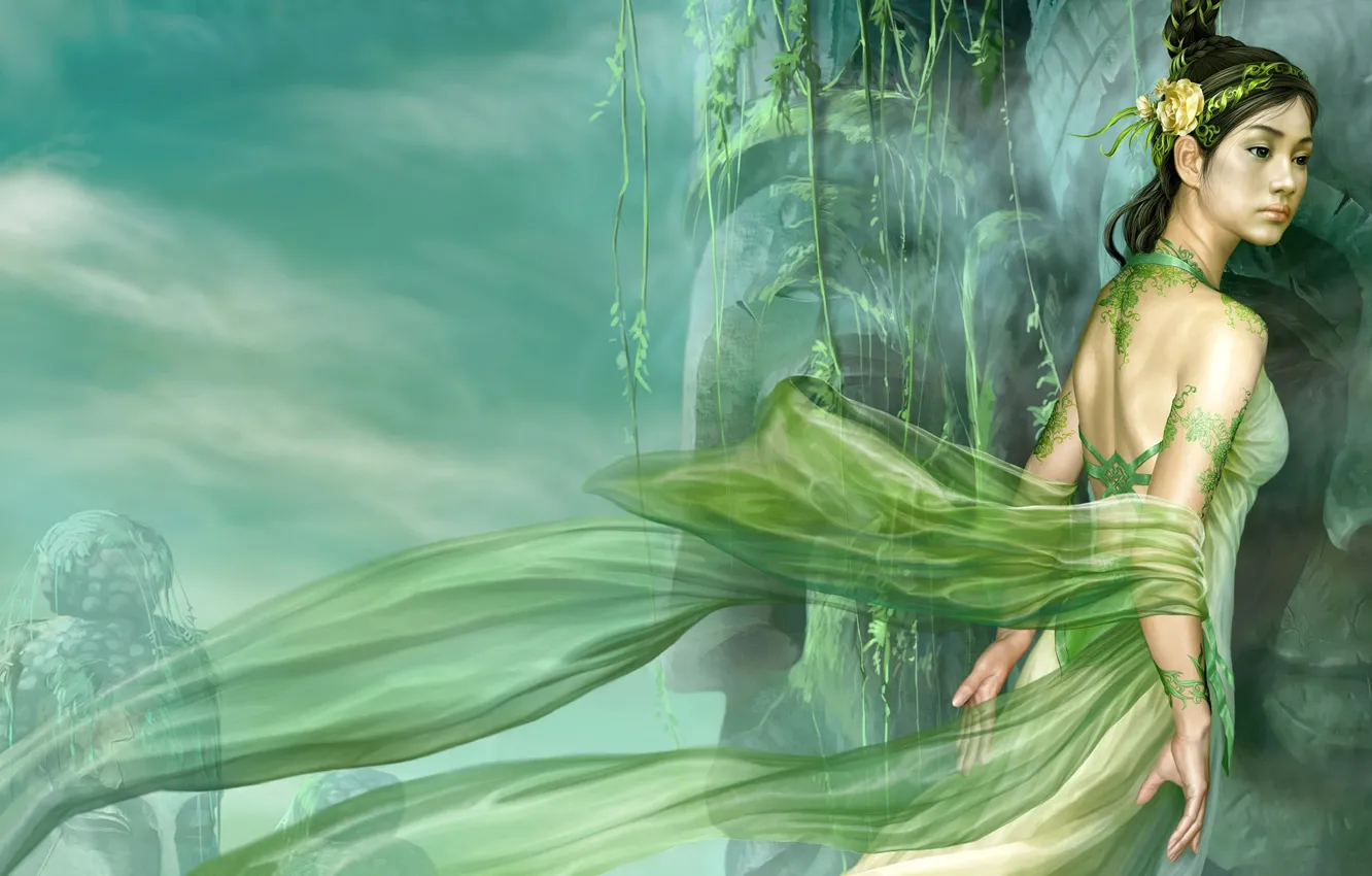 Photo wallpaper girl, trees, dress