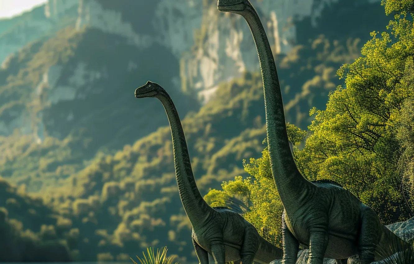 Photo wallpaper water, trees, mountains, river, animal, dinosaur, two, digital art