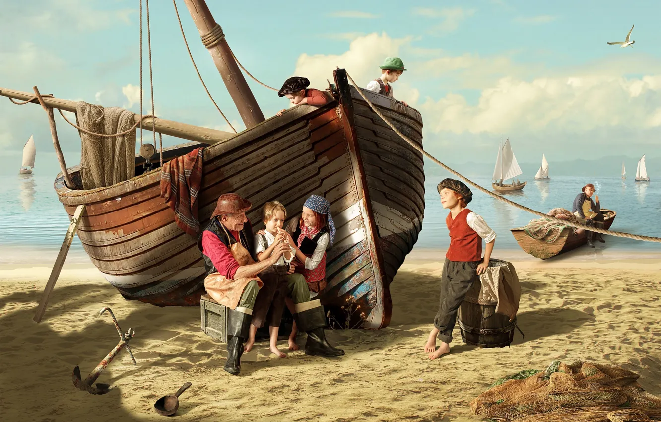 Photo wallpaper sand, sea, children, coast, boats, Barkas, Dmitry Yanin, the old fisherman