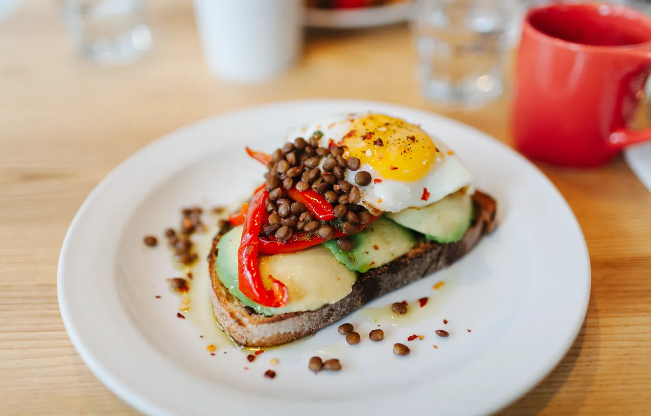 Photo wallpaper coffee, food, Breakfast, scrambled eggs, sandwich, avocado