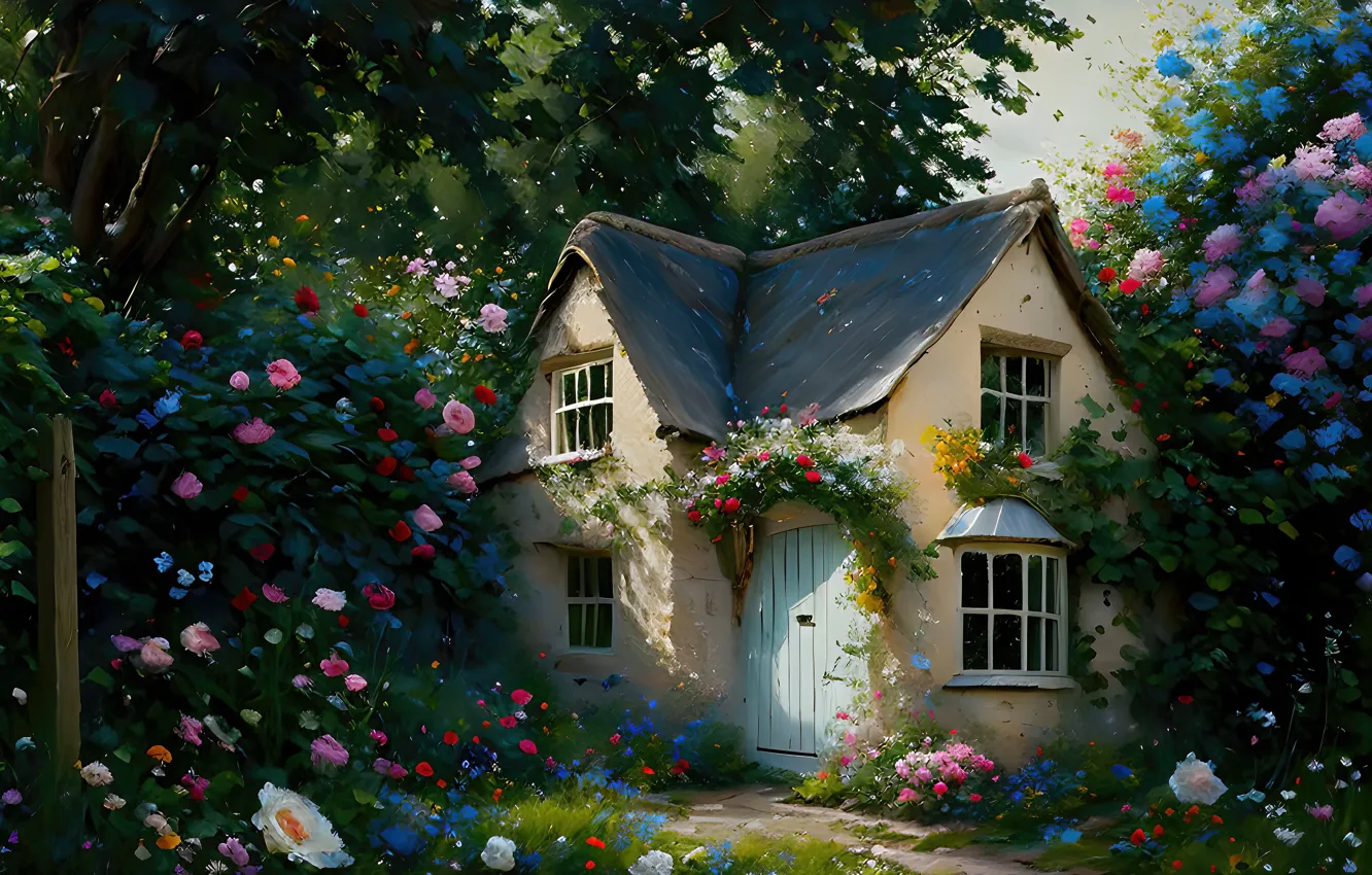 Photo wallpaper summer, trees, landscape, flowers, nature, thickets, foliage, graphics