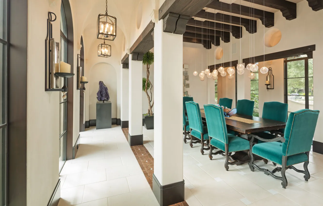 Photo wallpaper design, room, Villa, interior, lighting, columns, Banquet hall, mediterranean-style dining room