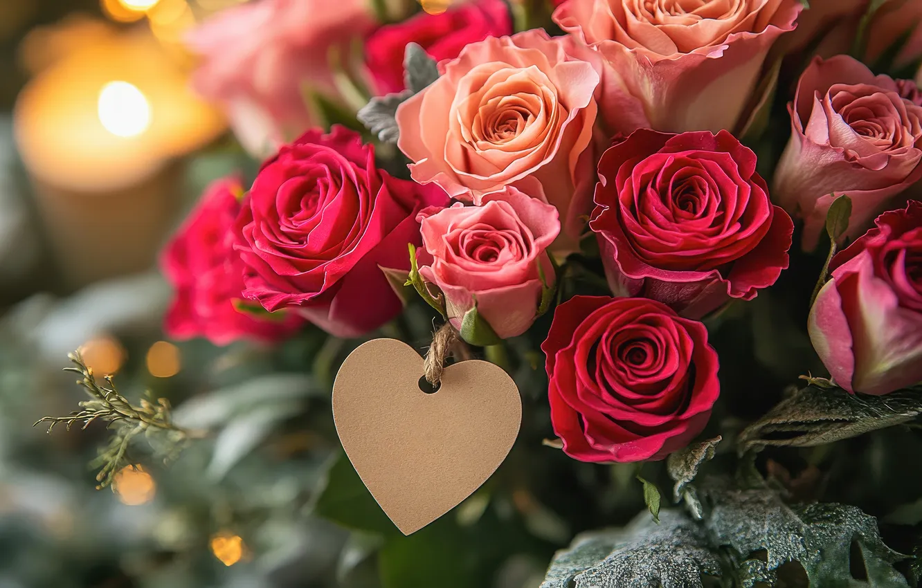 Photo wallpaper flowers, red, birthday, holiday, gift, heart, roses, bouquet