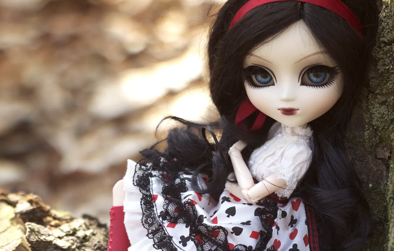 Photo wallpaper toy, doll, dress, brunette, tape, sitting, long hair