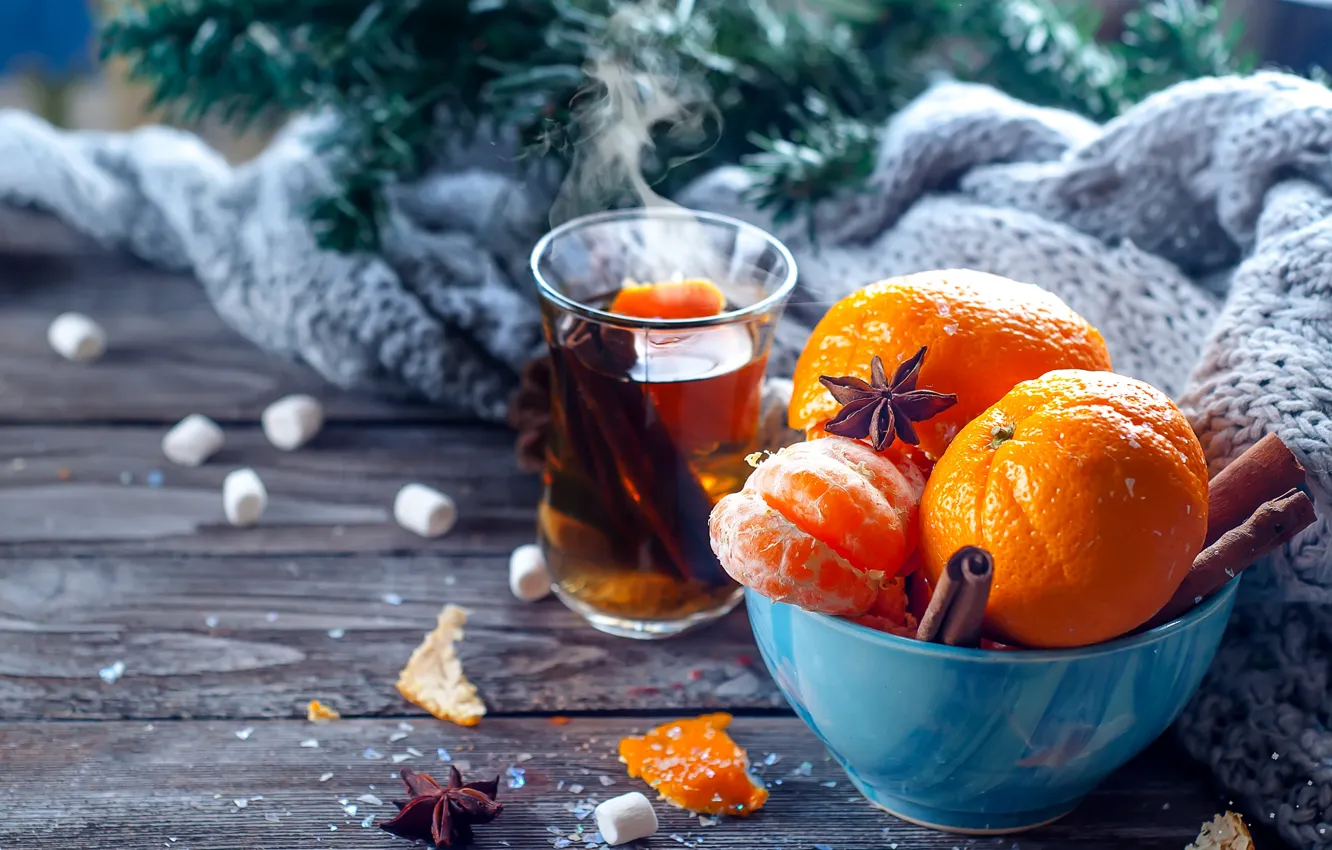 Photo wallpaper comfort, heat, tea, new year, scarf, Christmas, cinnamon, Christmas
