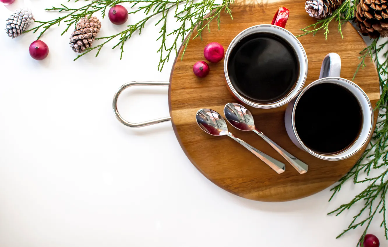 Photo wallpaper sprig, food, spruce, spoon, mug, drink, fir cones