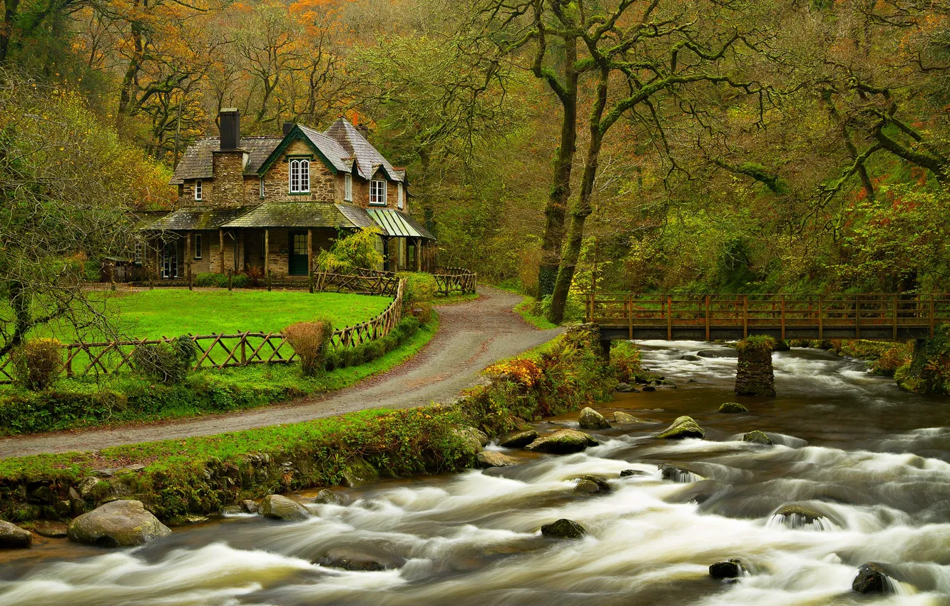 Photo wallpaper forest, leaves, water, trees, mountains, bridge, nature, house