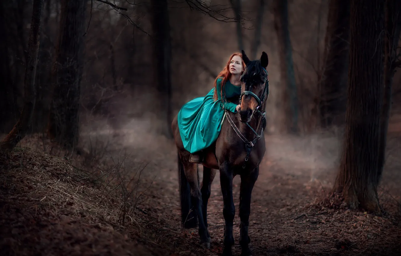Photo wallpaper autumn, forest, look, leaves, girl, pose, horse, dress