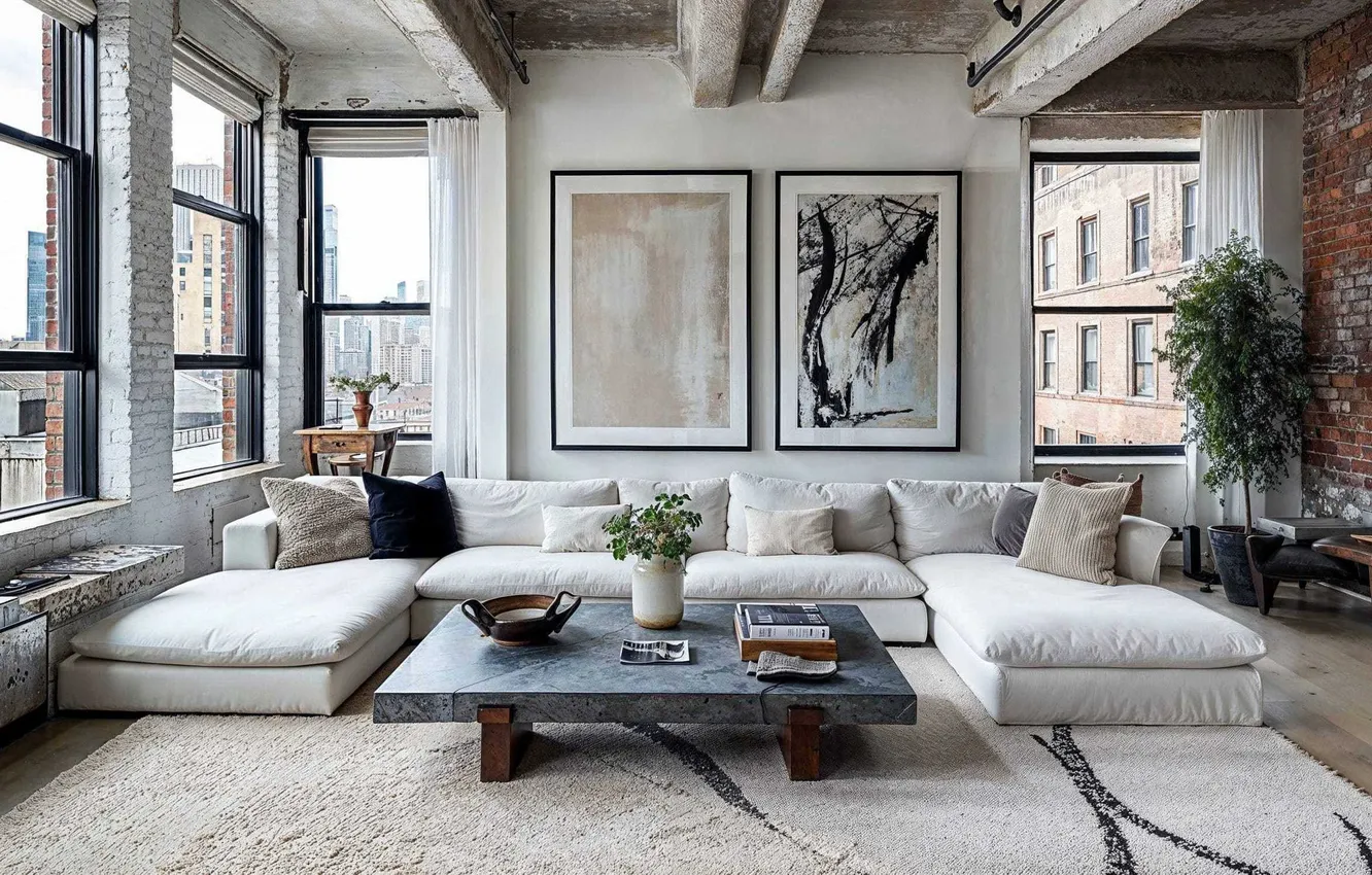 Photo wallpaper design, room, plant, picture, megapolis, upholstered furniture, loft, Open loft with rustic industrial interior design