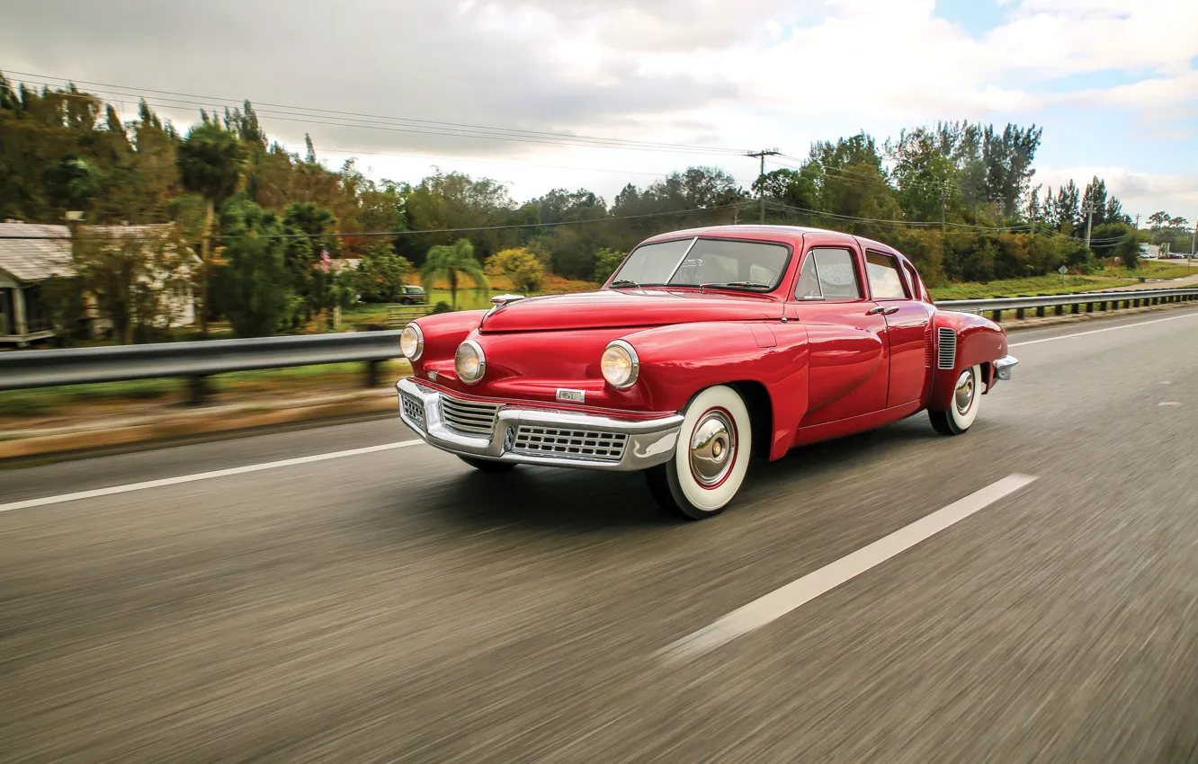 Photo wallpaper Red, Retro, Movement, Car, 1948, Sedan, Metallic, Tucker