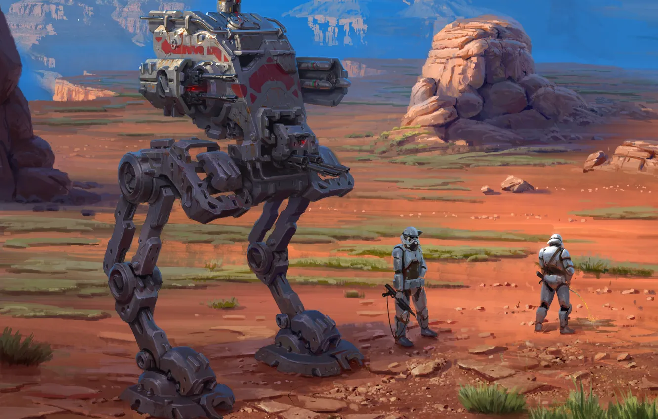 Photo wallpaper mountains, desert, robot, Star Wars, soldiers
