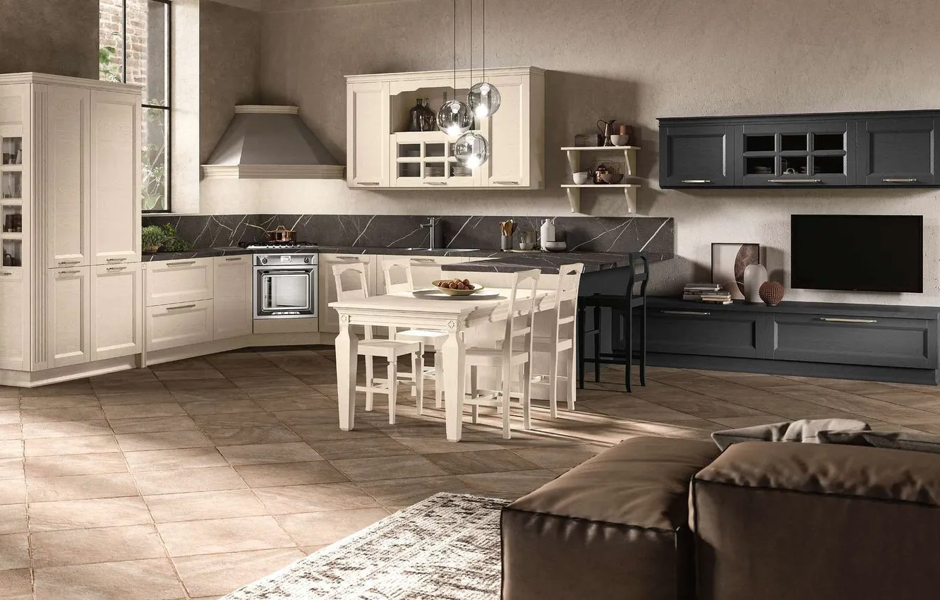 Photo wallpaper style, Villa, interior, Italy, kitchen, dining room, dining area, Italian design