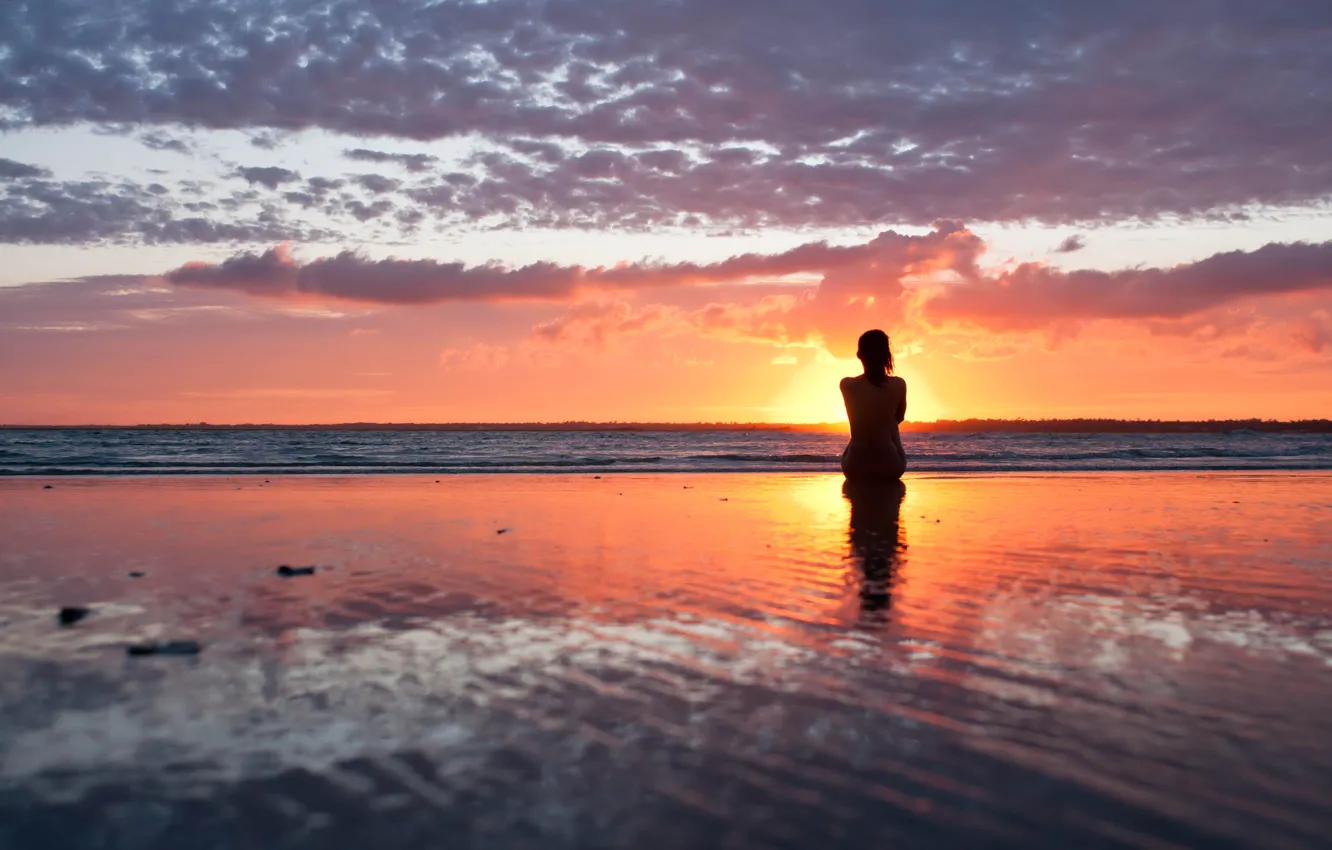 Photo wallpaper sea, beach, girl, sunset, the evening, silhouette