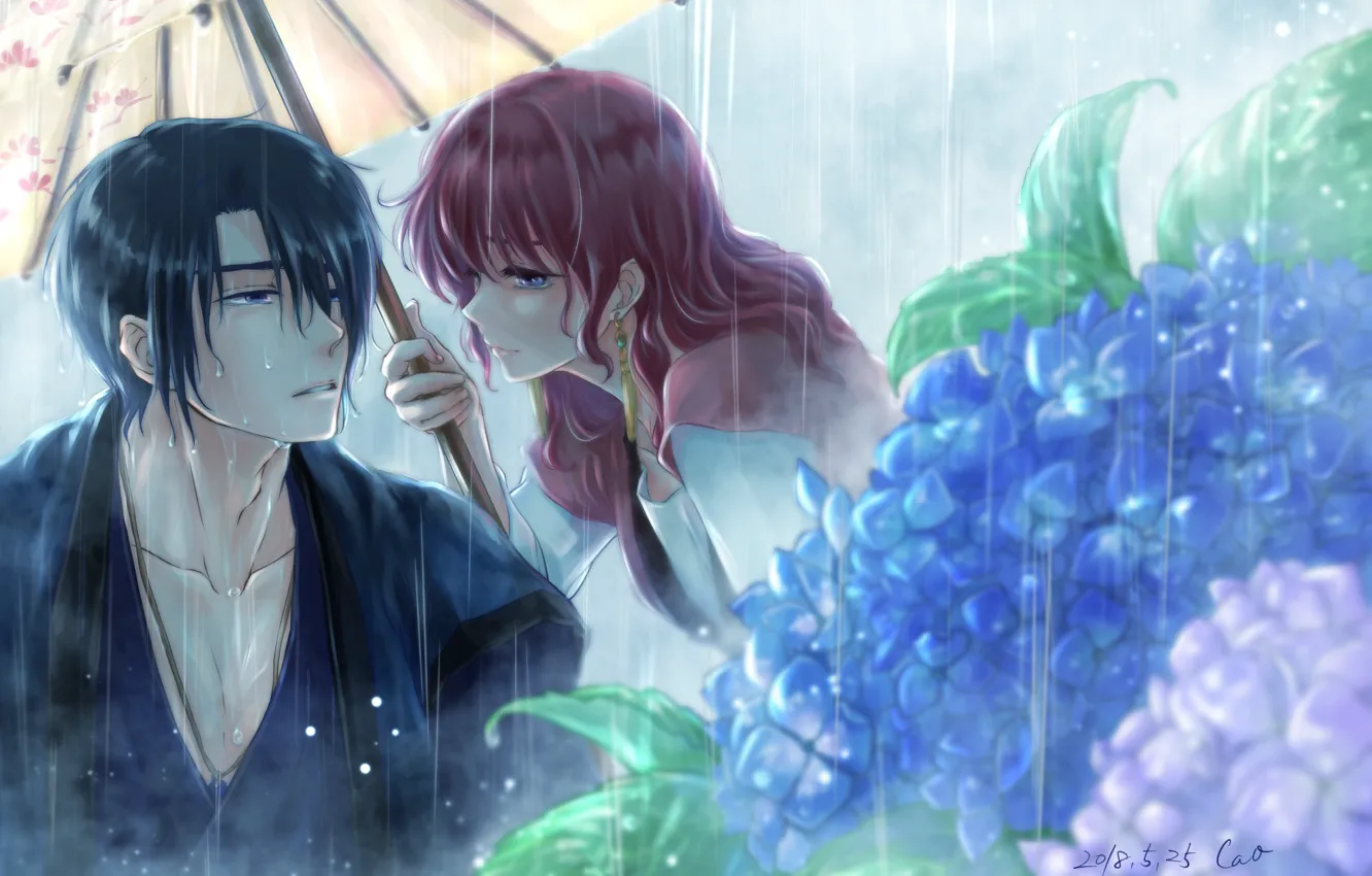 Photo wallpaper girl, wet, rain, romance, umbrella, pair, guy, Dawn Yona