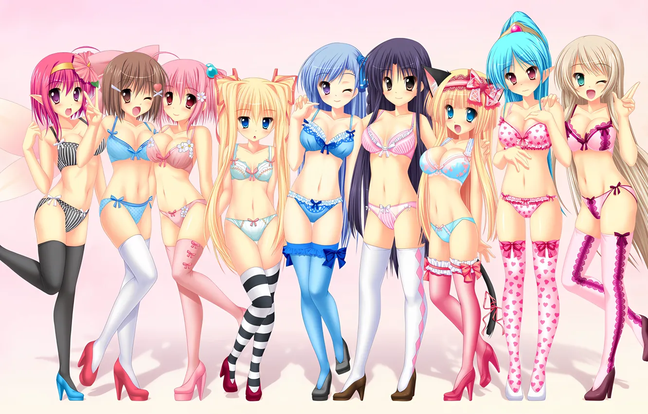 Photo wallpaper sexy, lingerie, pantsu, bra, cleavage, panties, thighhighs, pink hair