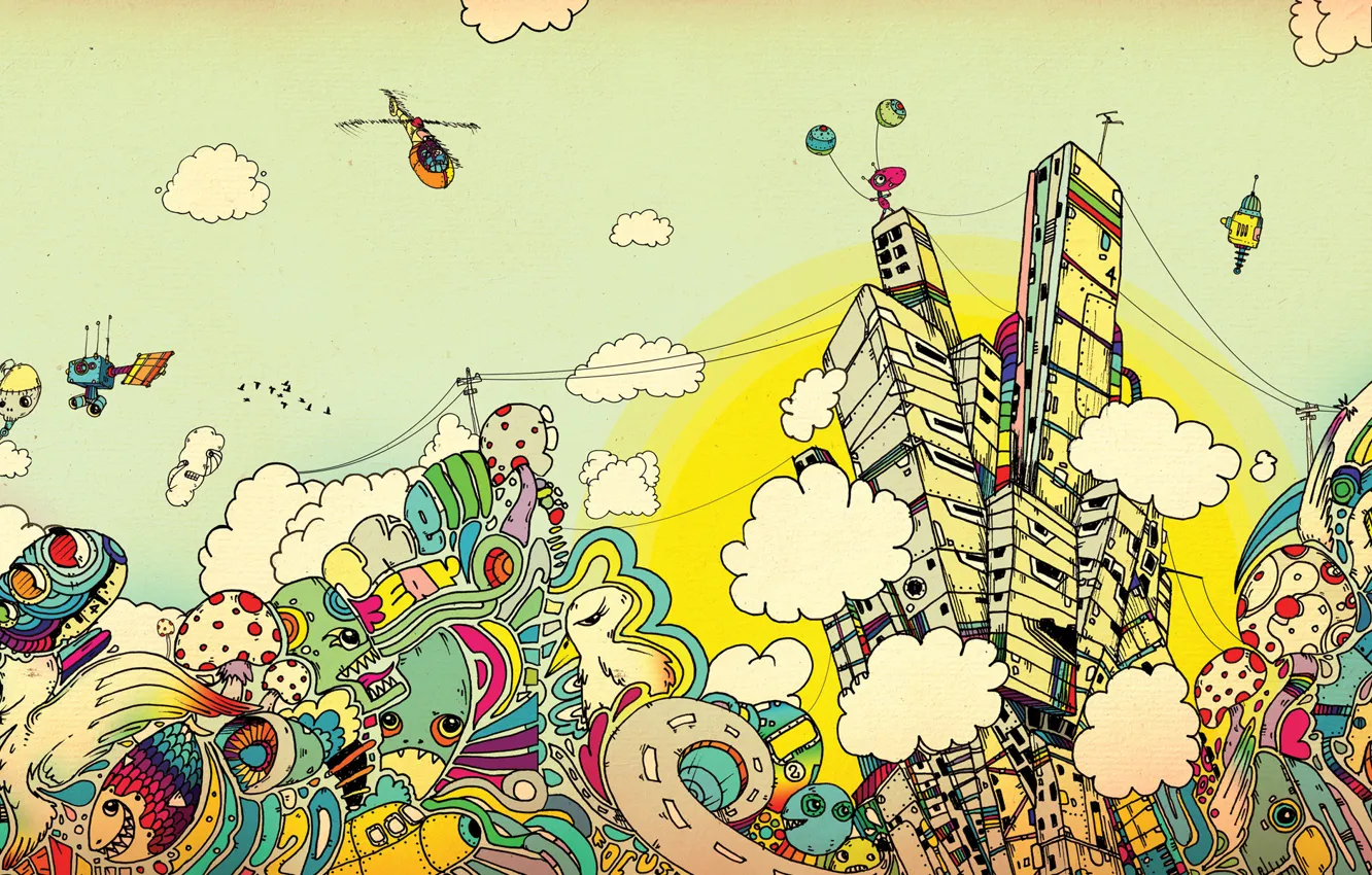 Photo wallpaper clouds, the city, paint, art, Apostolescu, Matei