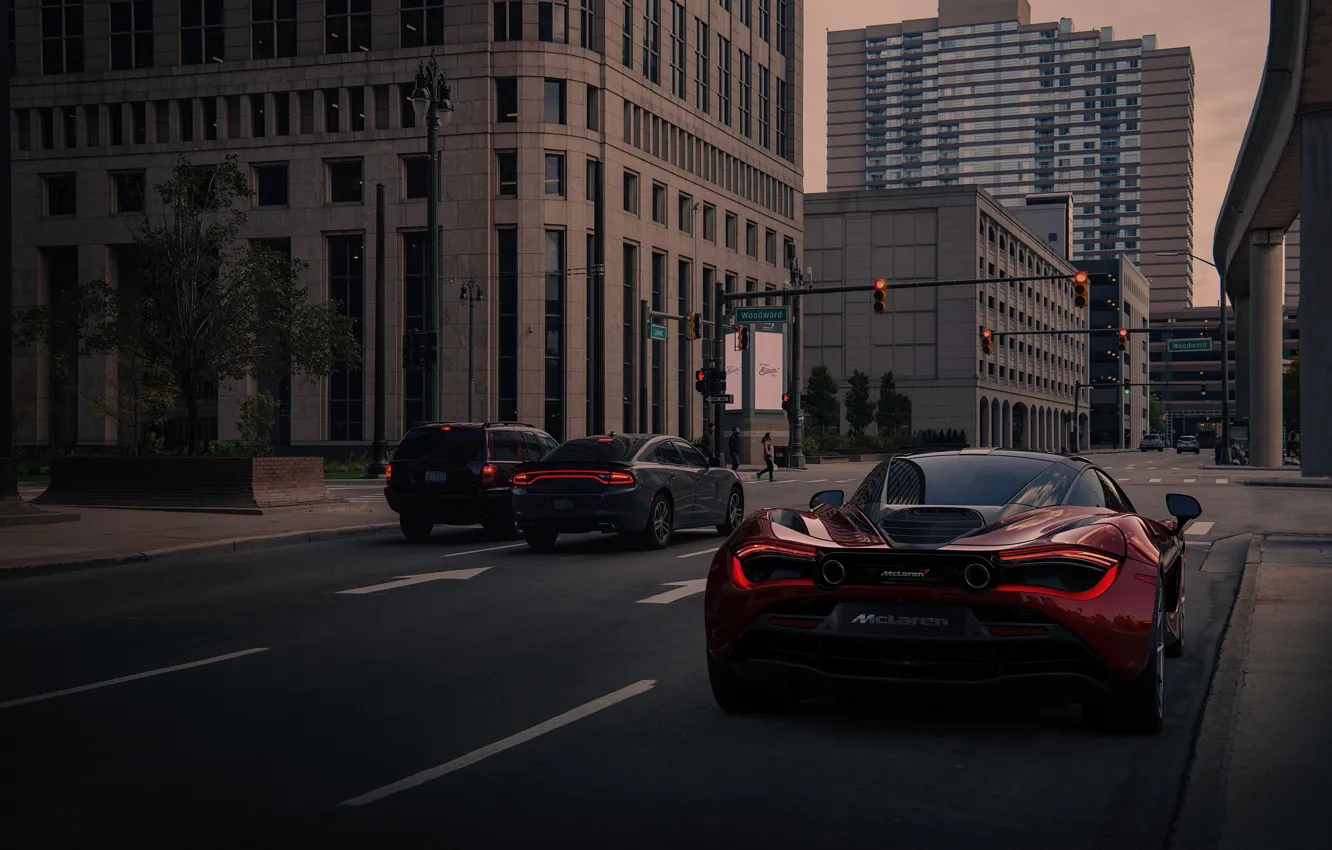 Photo wallpaper Red, Auto, Road, Night, The city, Machine, Dodge, Supercar